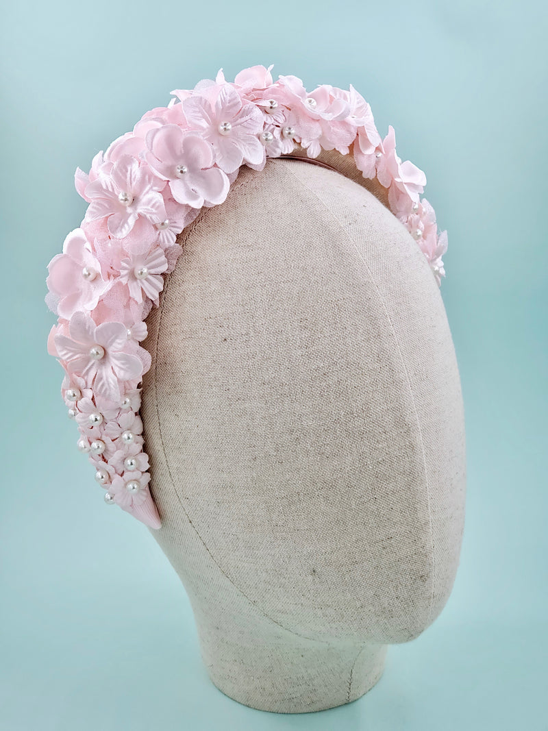 Pastel Pink Floral Headband with Faux Pearls