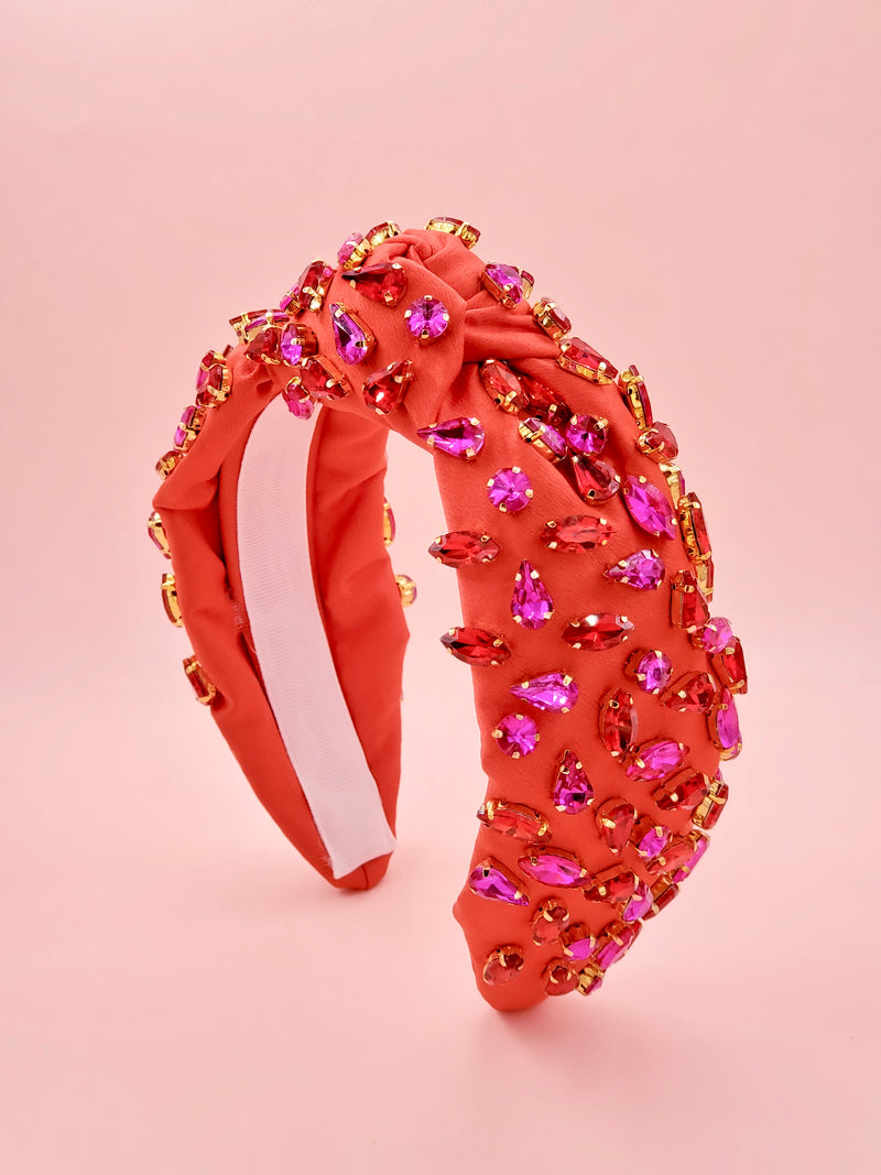 Red Satin Headband with Hot Pink and Red Crystal Embellishments