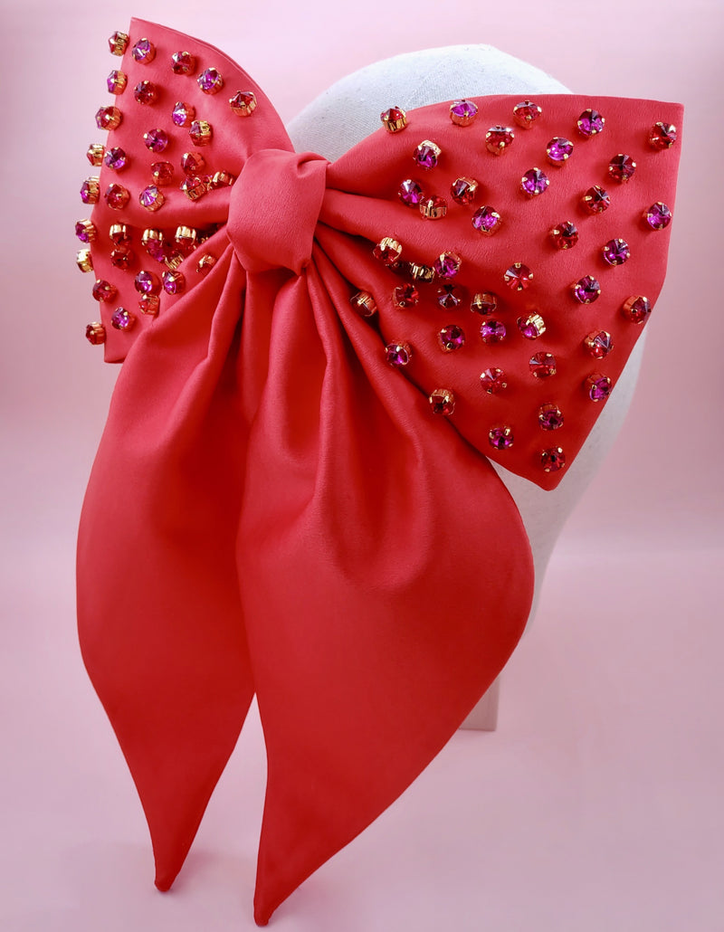 Supersized Red Satin Bow with Rhinestones