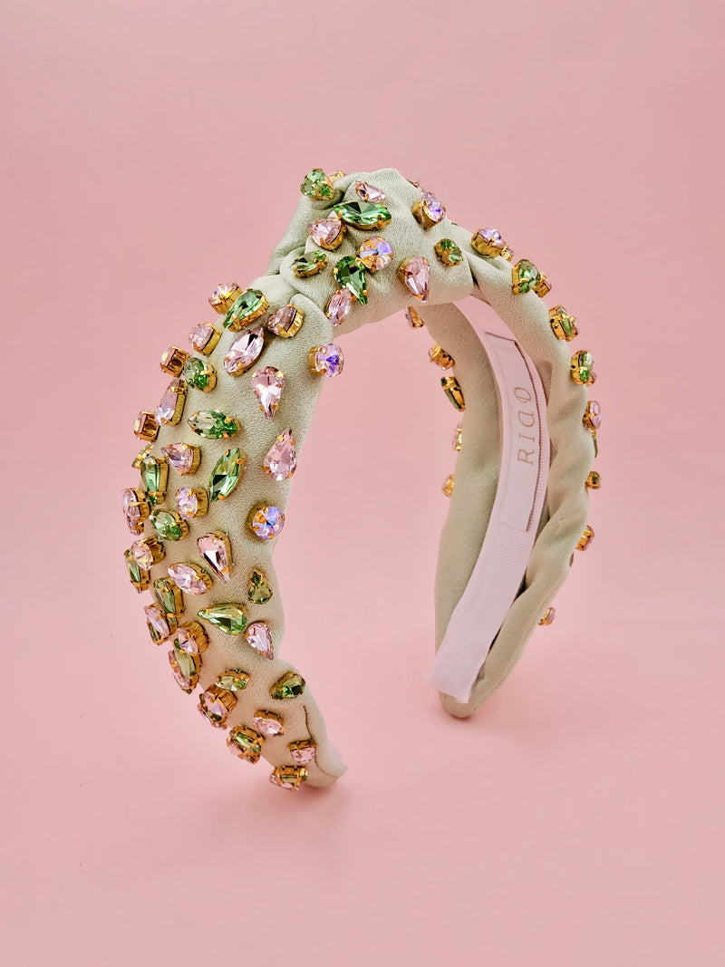Pistachio Silk Satin Headband with Pink and Green Crystal Embellishments